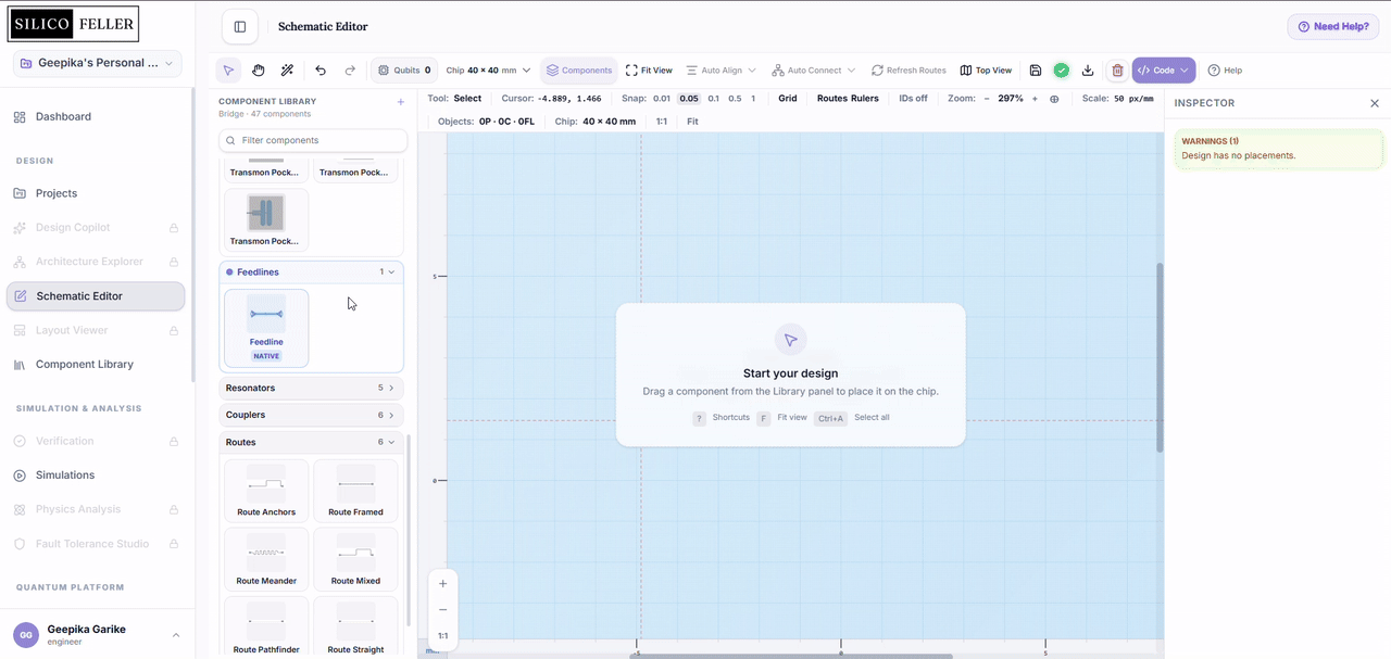 Drag a component from the Component Library onto the canvas