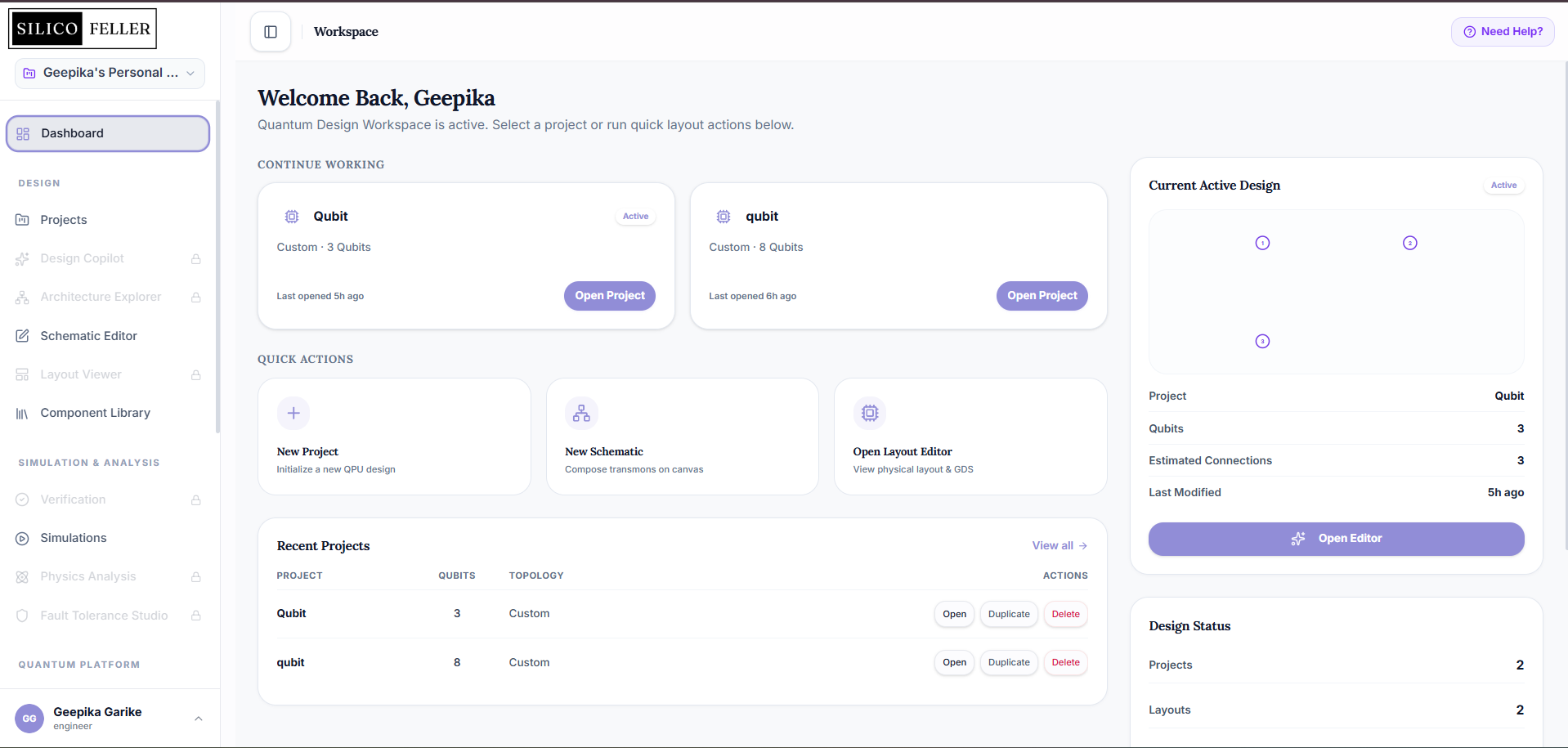 Qubit-Pro Workspace Dashboard — Welcome Back screen with active projects, quick actions, recent projects, current active design panel and design status